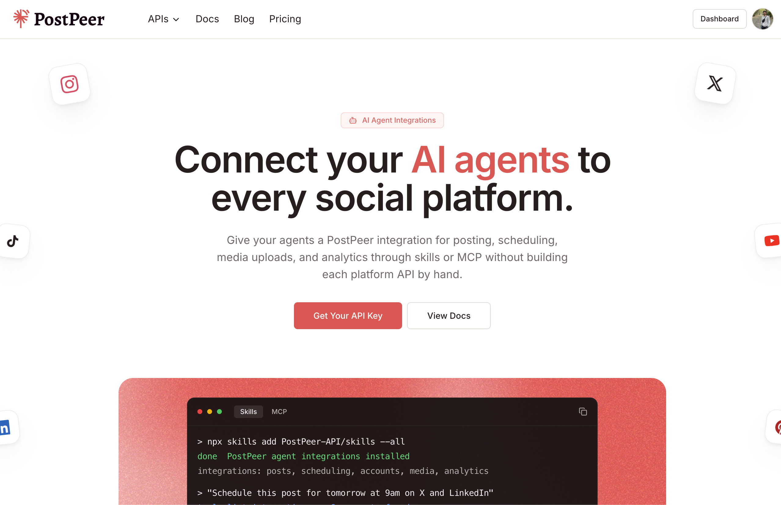 PostPeer agent page showing MCP and Skills integration options