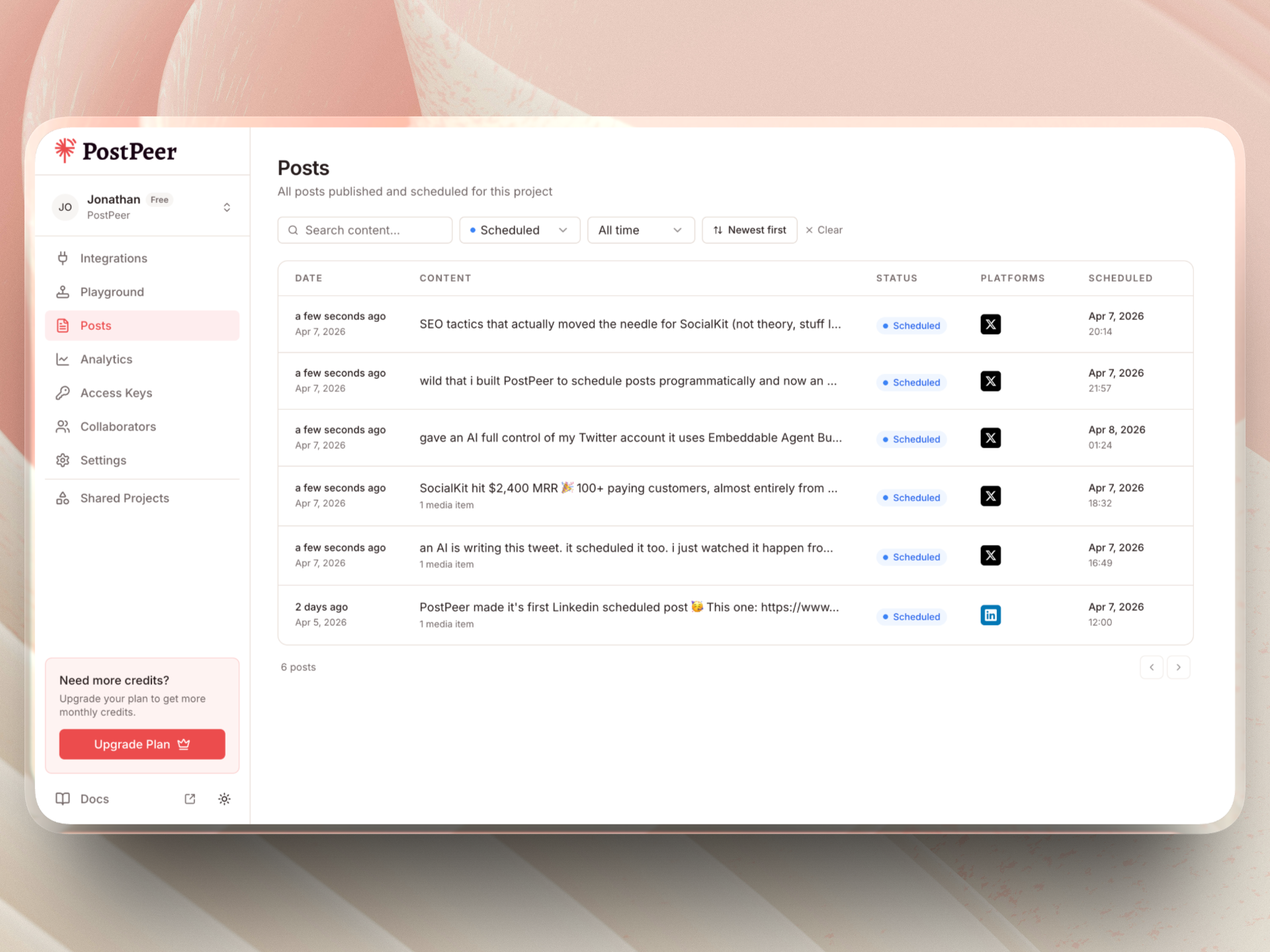 PostPeer dashboard showing scheduled tweets from the AI agent