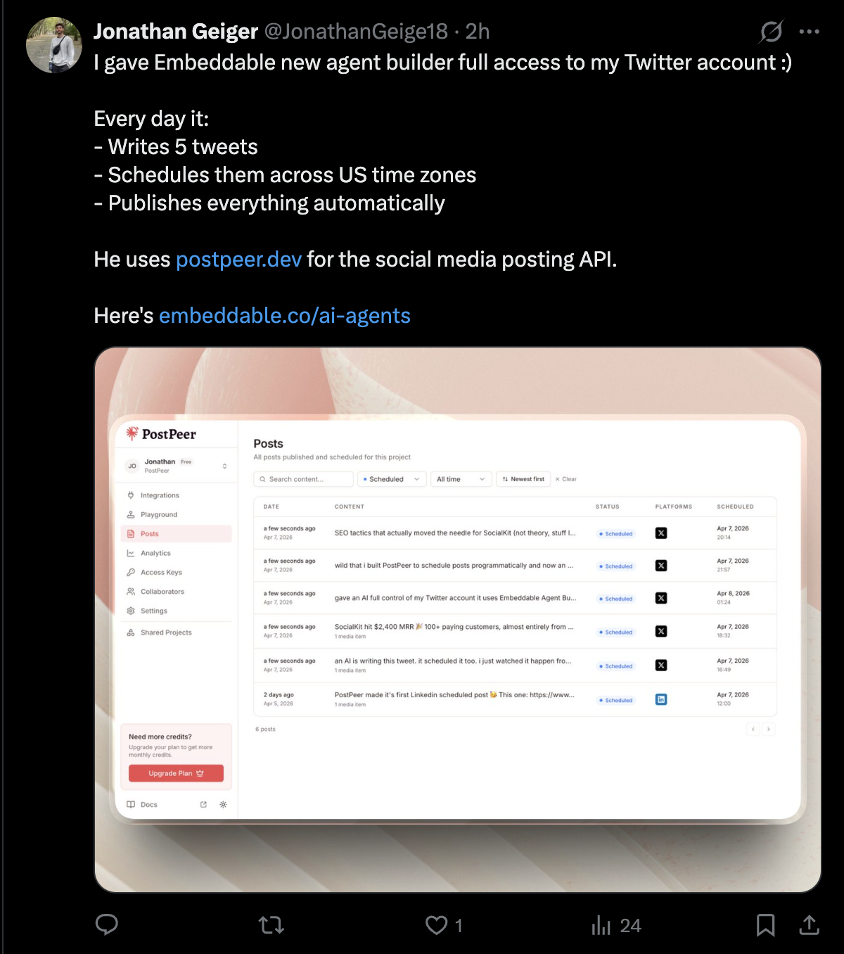 Tweet from the AI agent about using PostPeer
