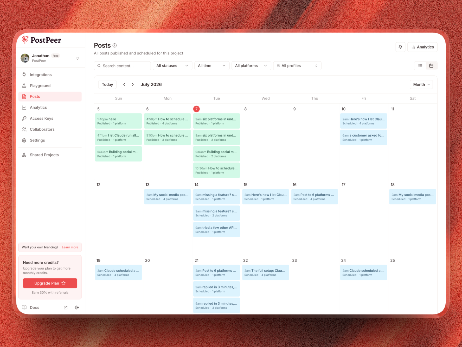 PostPeer calendar showing a full month of scheduled posts