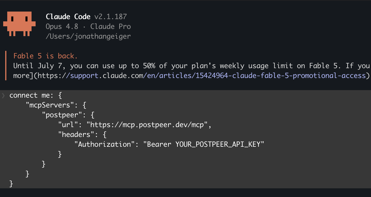 Claude Code terminal showing PostPeer MCP connected