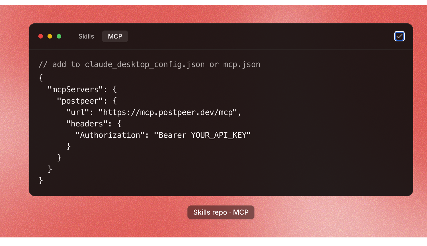 MCP config code snippet for claude_desktop_config.json